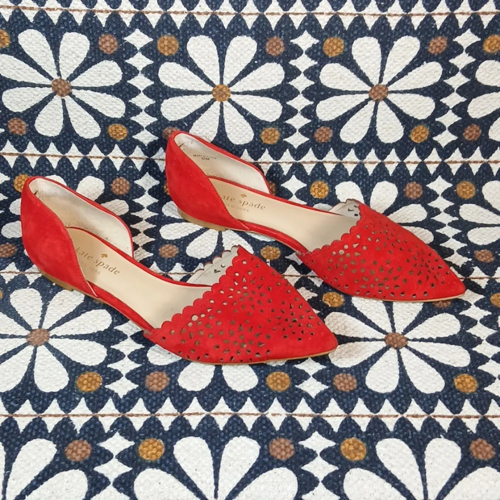 KATE SPADE Red Suede Perforated Pointed Toe Scalloped Flats size 6 1/2